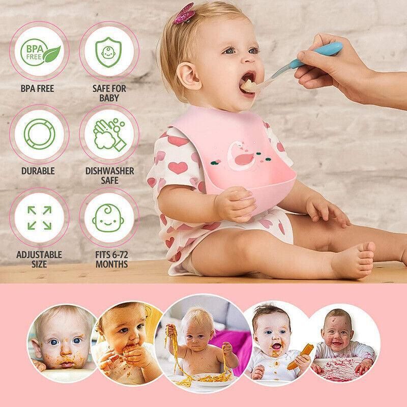 Baby Feeding Bib Apron Smock Silicon Waterproof Easy Clean 0-6 Kid Toddler Pouch