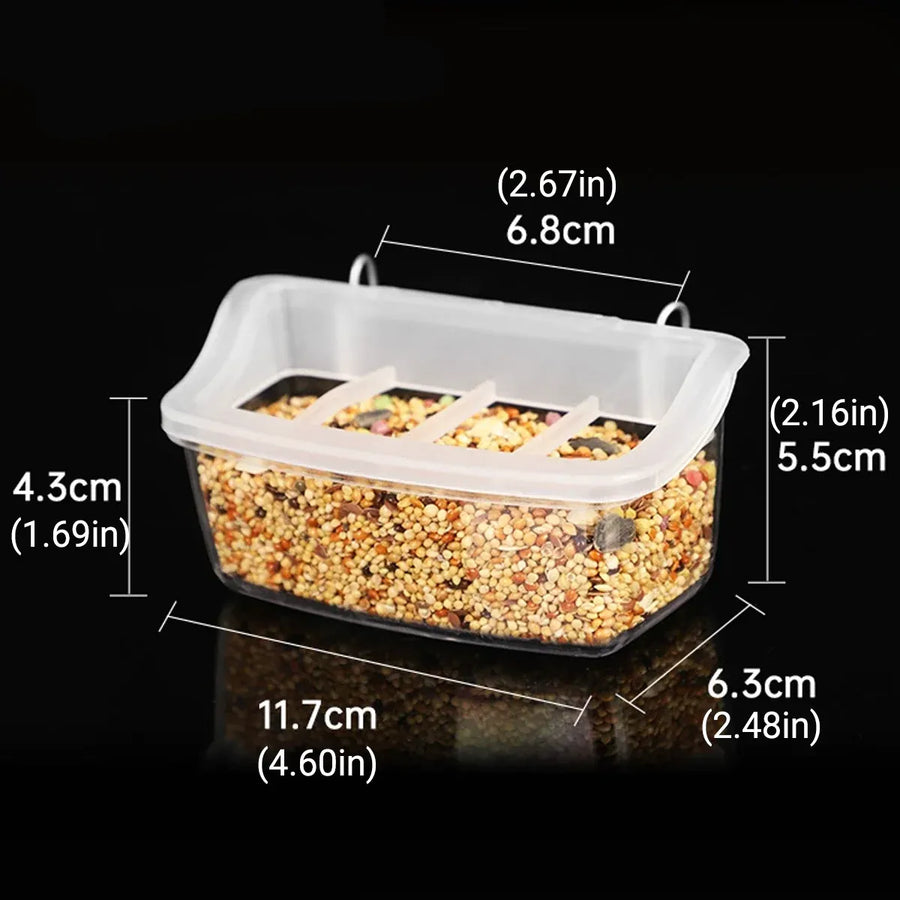Clear Bird Feeder Box Parrot Food Dispenser Cage Sink Container Hanging Supplies