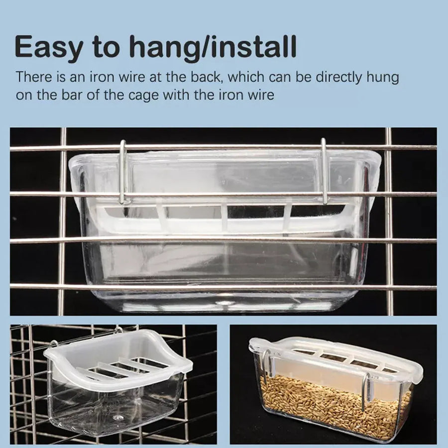 Clear Bird Feeder Box Parrot Food Dispenser Cage Sink Container Hanging Supplies