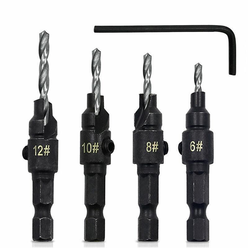 4PCS Screw Countersink Bit Set Pilot Holre Drill Metal Plastic Wood Hex Shank - Silver