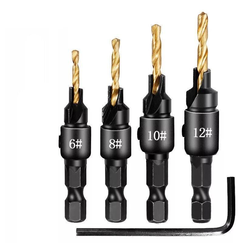 4PCS Screw Countersink Bit Set Pilot Holre Drill Metal Plastic Wood Hex Shank - Silver