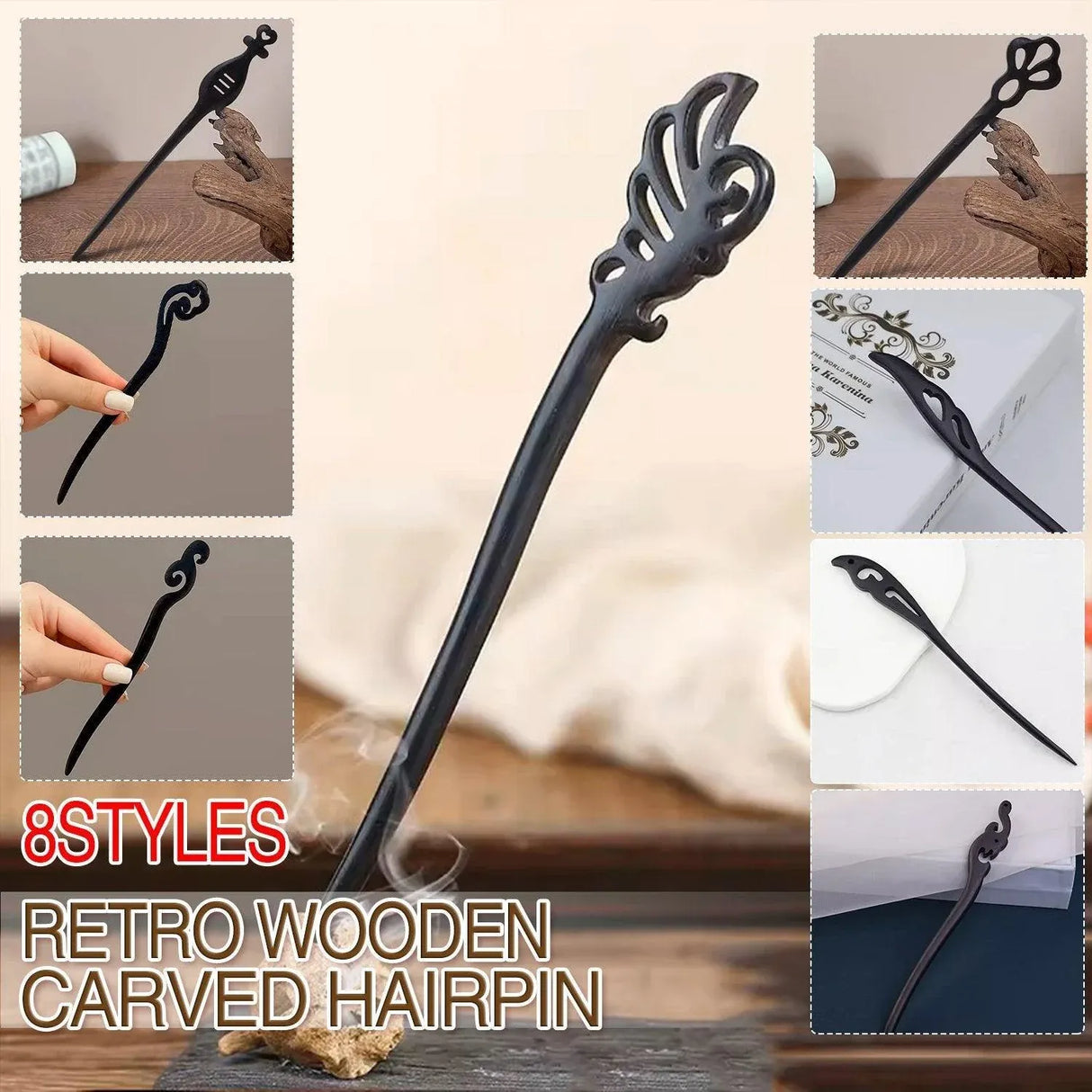 Retro Wooden Carved Hair Sticks Women Hairpin Barrette Chopsticks Accessories - A