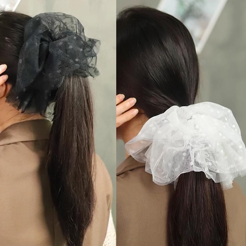 Oversized Polka Dot Lace Hair Bands Hairband Girls Ponytail Tie Elastic Hair - Black-L