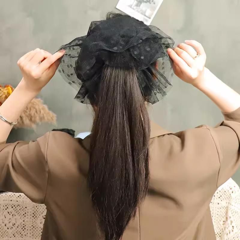 Oversized Polka Dot Lace Hair Bands Hairband Girls Ponytail Tie Elastic Hair - Black-L