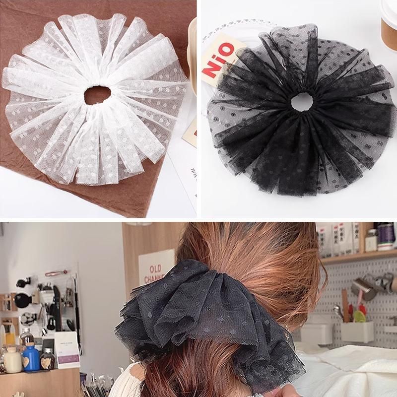 Oversized Polka Dot Lace Hair Bands Hairband Girls Ponytail Tie Elastic Hair - Black-L