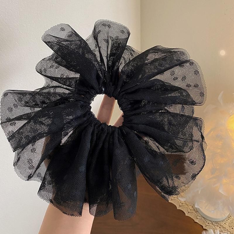 Oversized Polka Dot Lace Hair Bands Hairband Girls Ponytail Tie Elastic Hair - Black-L
