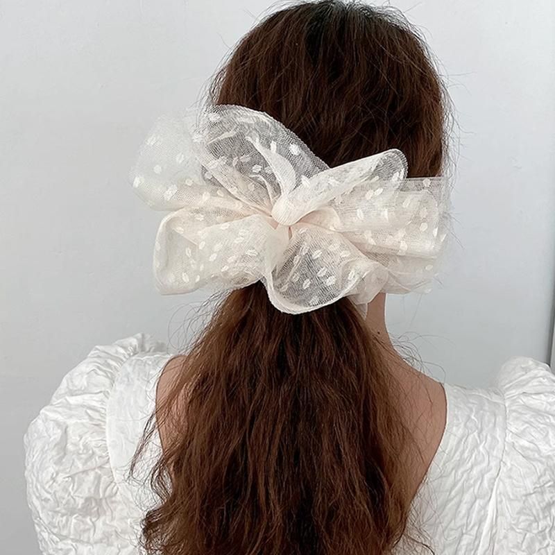 Oversized Polka Dot Lace Hair Bands Hairband Girls Ponytail Tie Elastic Hair - Black-L
