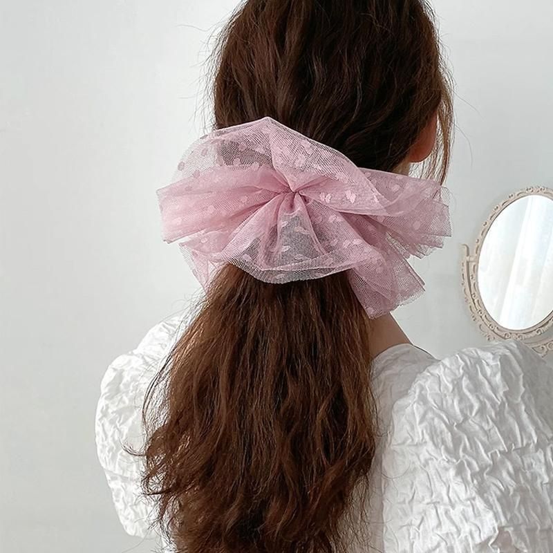 Oversized Polka Dot Lace Hair Bands Hairband Girls Ponytail Tie Elastic Hair - Black-L