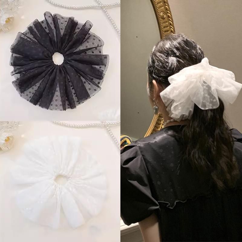 Oversized Polka Dot Lace Hair Bands Hairband Girls Ponytail Tie Elastic Hair - Black-L