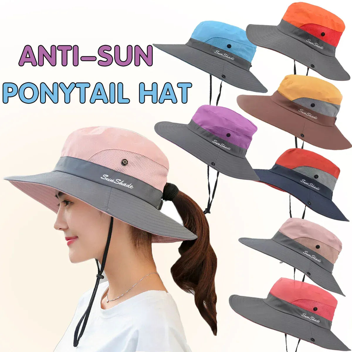 Women Wide Brim Ponytail Hat Sun Protect Visor Summer Beach Cap Anti Uv Floppy - Blue