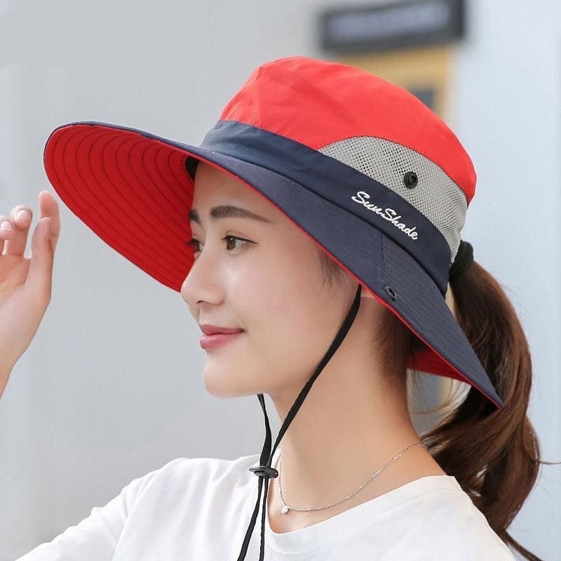 Women Wide Brim Ponytail Hat Sun Protect Visor Summer Beach Cap Anti Uv Floppy - Blue