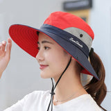 Women Wide Brim Ponytail Hat Sun Protect Visor Summer Beach Cap Anti Uv Floppy - Blue - Extra Image