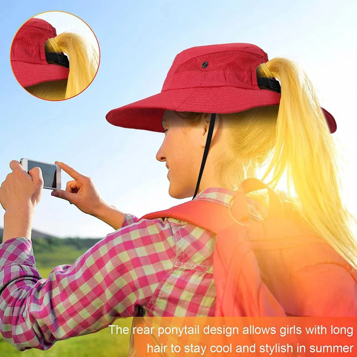 Women Wide Brim Ponytail Hat Sun Protect Visor Summer Beach Cap Anti Uv Floppy - Blue