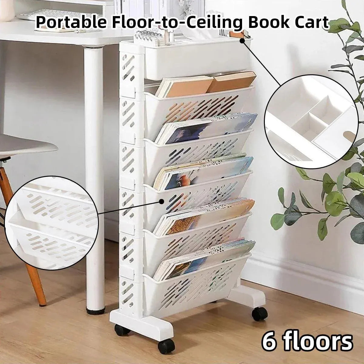 Six Tier Rolling Storage Cart Slim Magazine File Organiser White