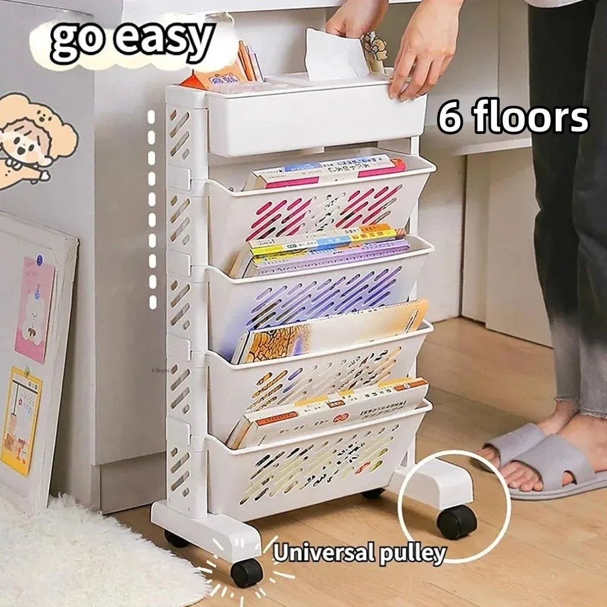 Six Tier Rolling Storage Cart Slim Magazine File Organiser White