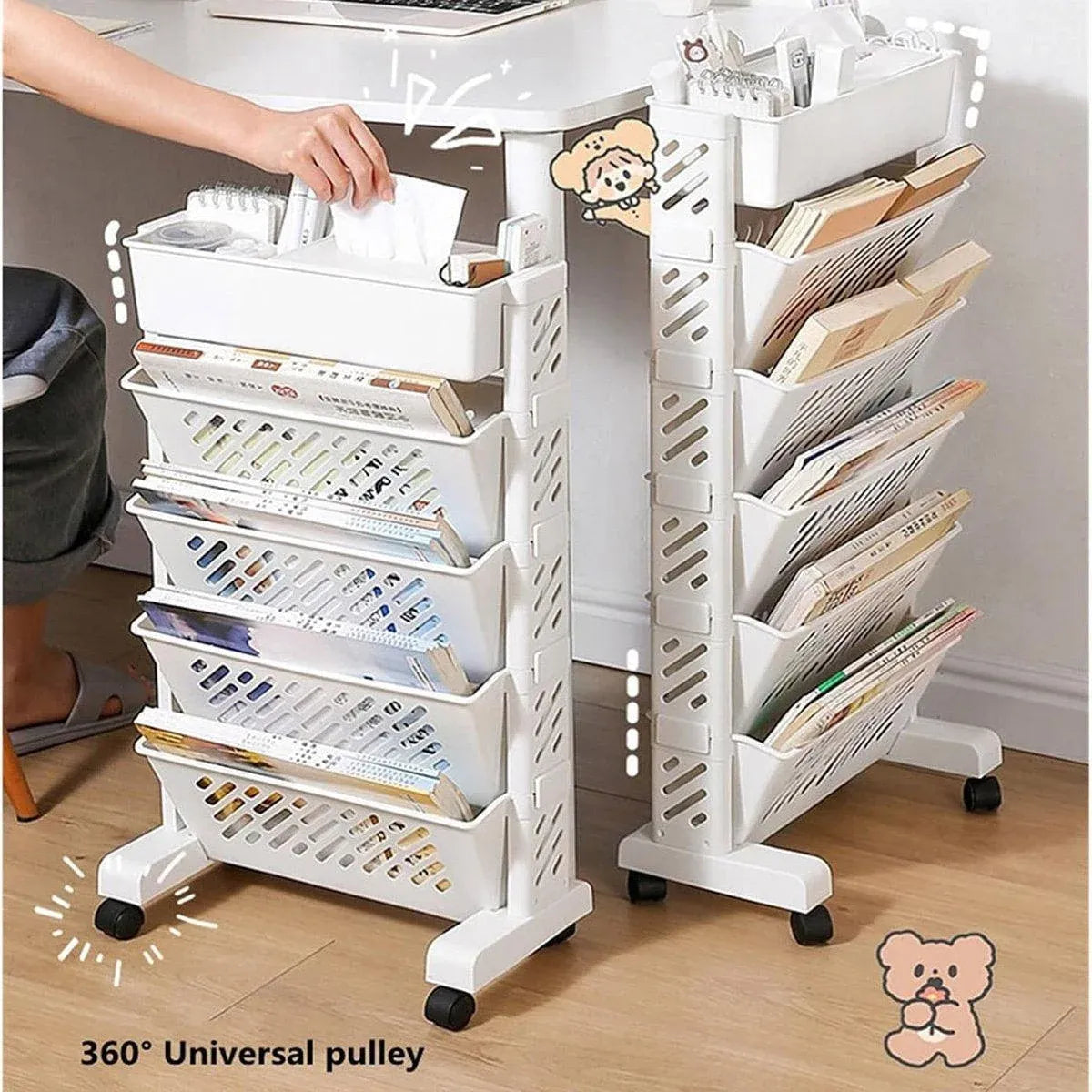 Six Tier Rolling Storage Cart Slim Magazine File Organiser White