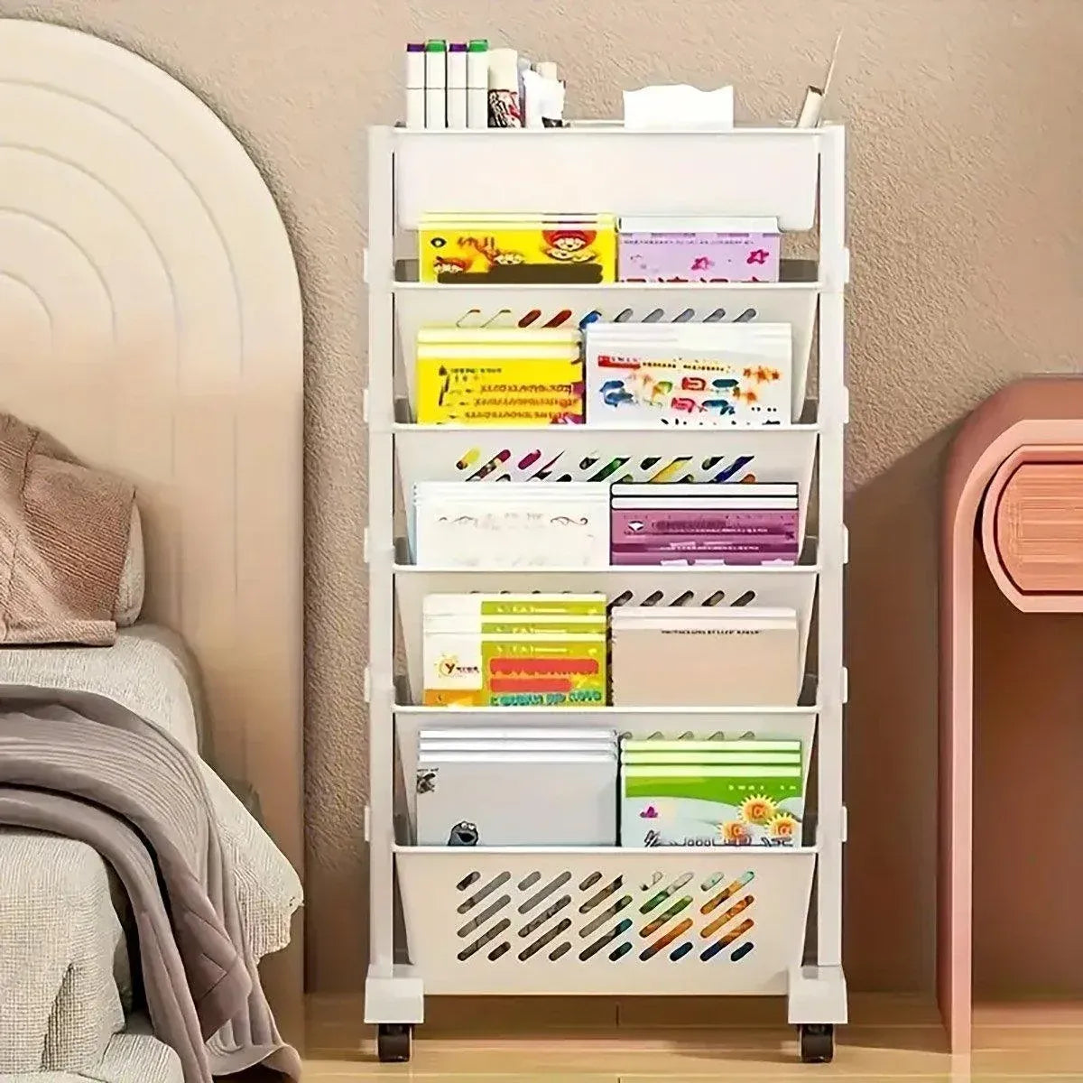 Six Tier Rolling Storage Cart Slim Magazine File Organiser White