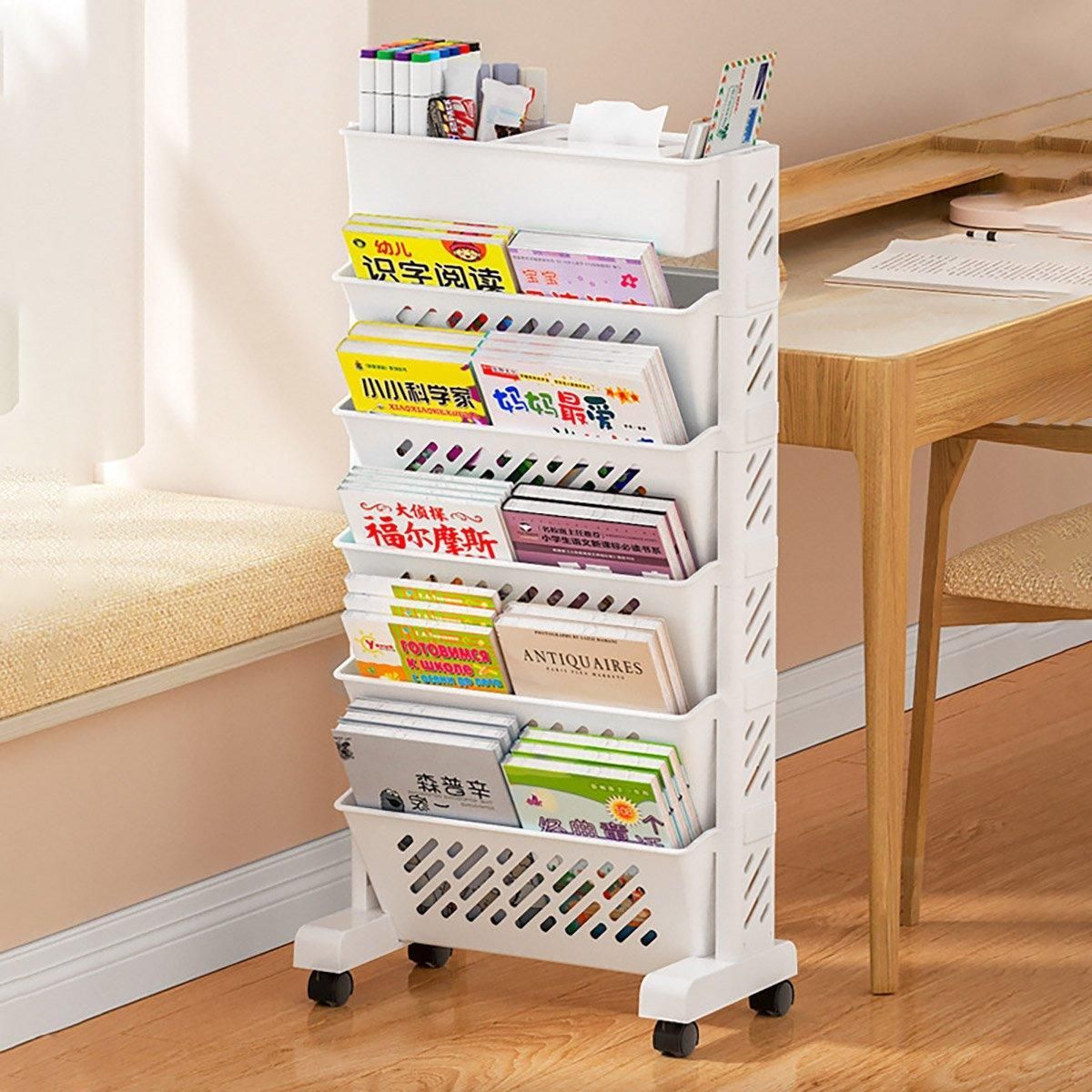 Six Tier Rolling Storage Cart Slim Magazine File Organiser White