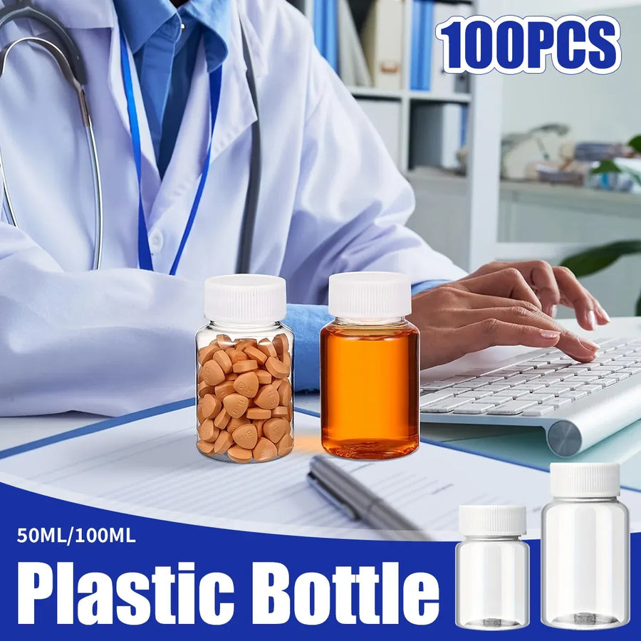 100Pcs Wide Mouth Clear Plastic Bottle with Lid 50/100ml Leakproof Storage Jars - 100ML