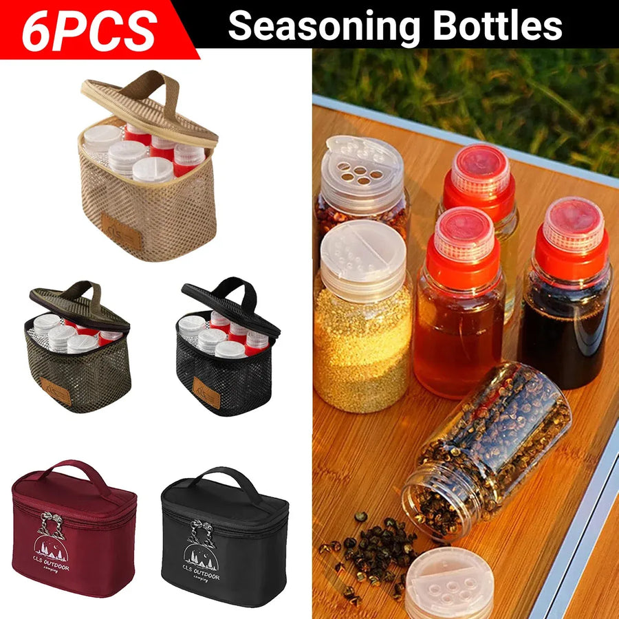 6pcs Mini Seasoning Bottle Set Portable Kitchen BBQ Camping Spice Container Box - Black