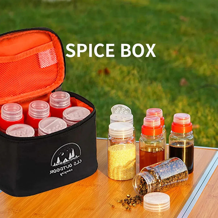 6pcs Mini Seasoning Bottle Set Portable Kitchen BBQ Camping Spice Container Box - Black