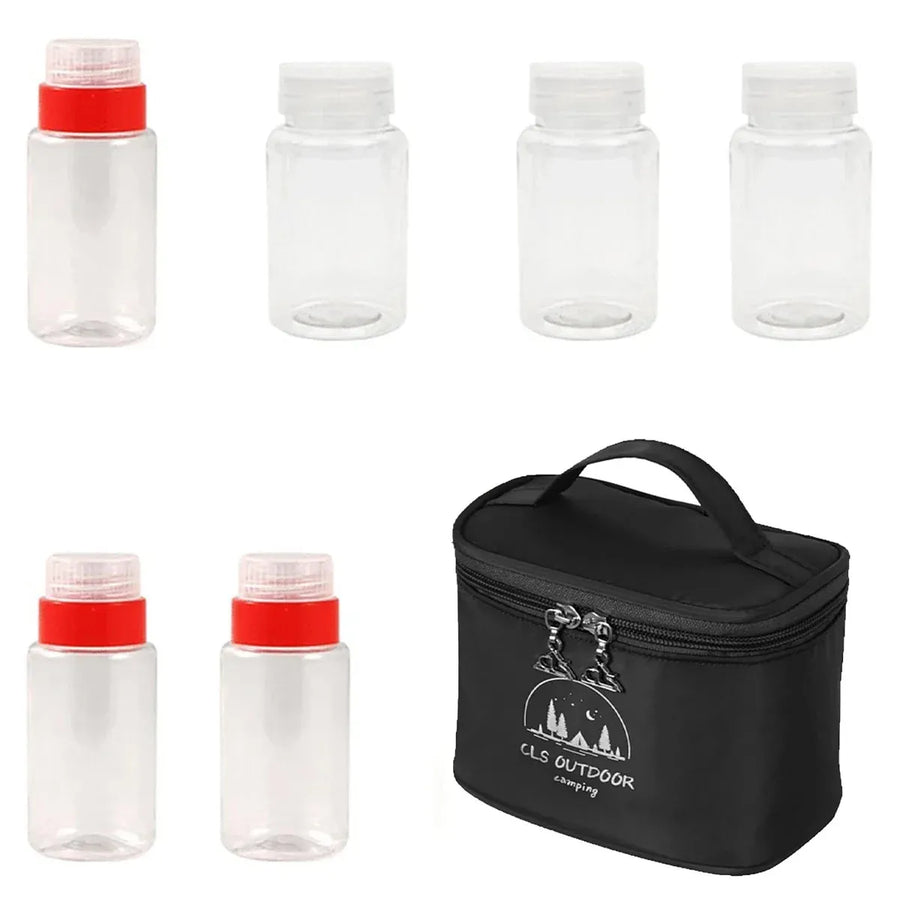 6pcs Mini Seasoning Bottle Set Portable Kitchen BBQ Camping Spice Container Box - Black