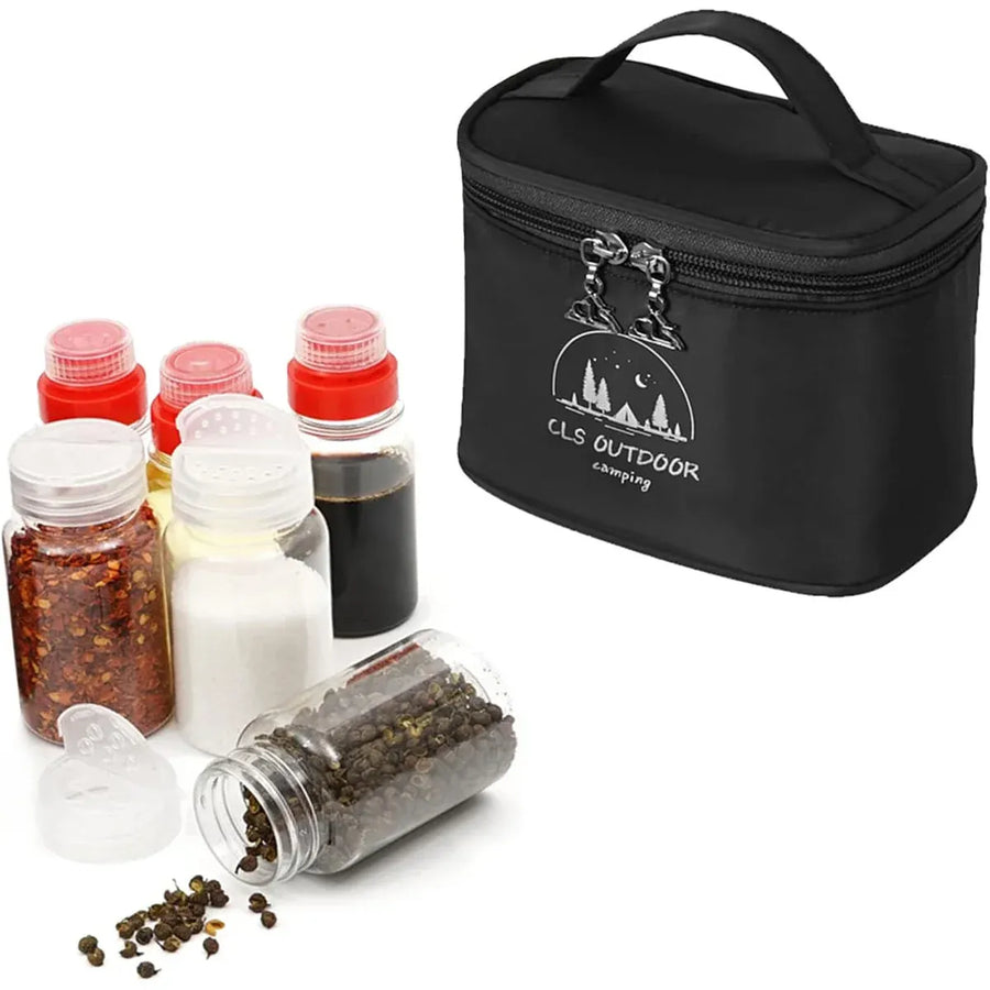 6pcs Mini Seasoning Bottle Set Portable Kitchen BBQ Camping Spice Container Box - Black