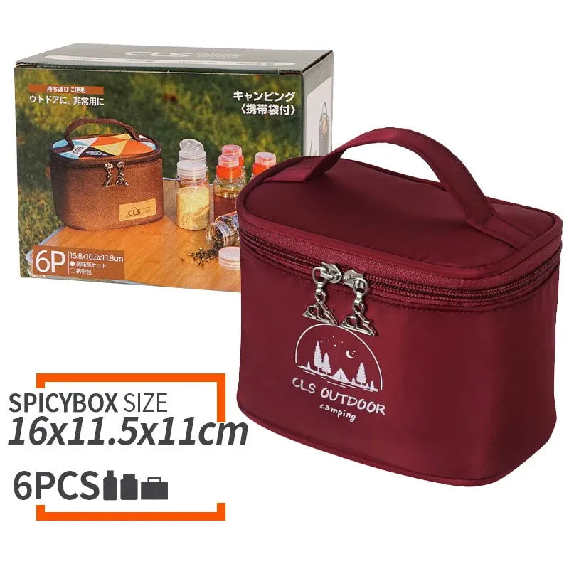 6pcs Mini Seasoning Bottle Set Portable Kitchen BBQ Camping Spice Container Box - Mesh Bag-Khaki