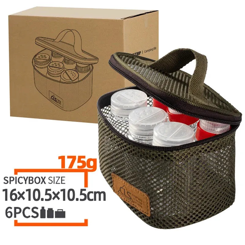 6pcs Mini Seasoning Bottle Set Portable Kitchen BBQ Camping Spice Container Box - Mesh Bag-Khaki