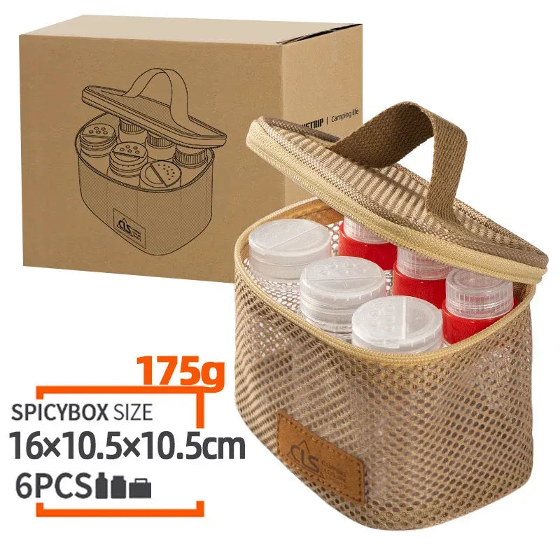 6pcs Mini Seasoning Bottle Set Portable Kitchen BBQ Camping Spice Container Box - Mesh Bag-Khaki