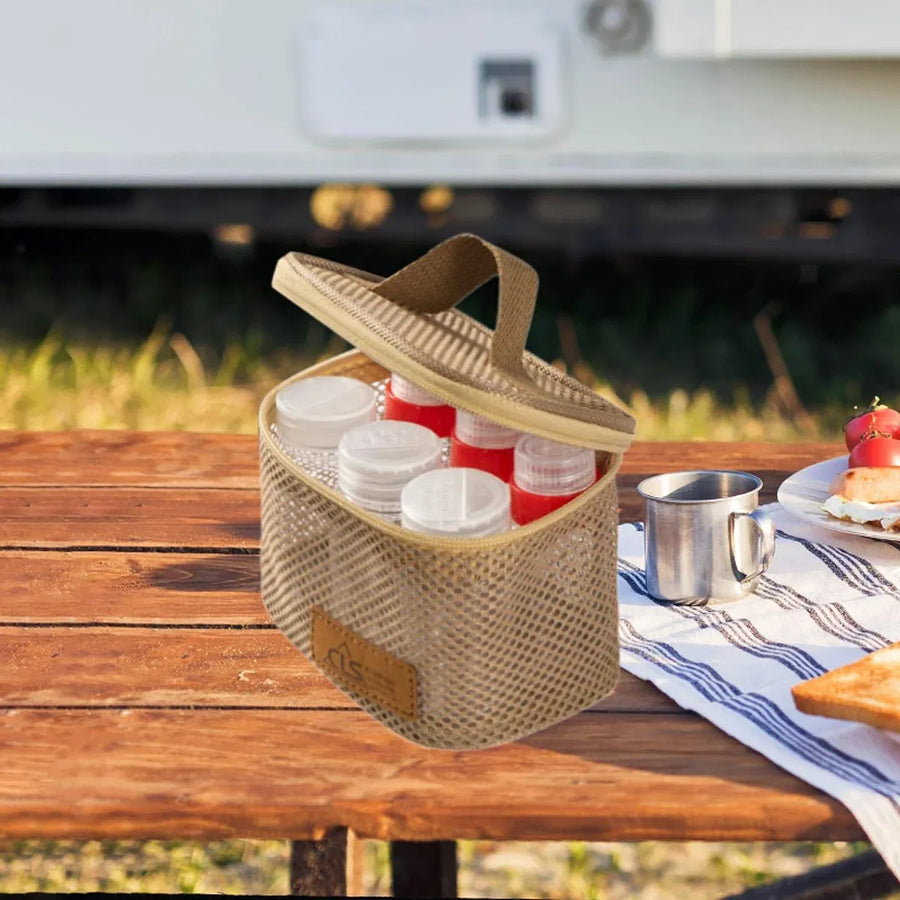 6pcs Mini Seasoning Bottle Set Portable Kitchen BBQ Camping Spice Container Box - Mesh Bag-Khaki