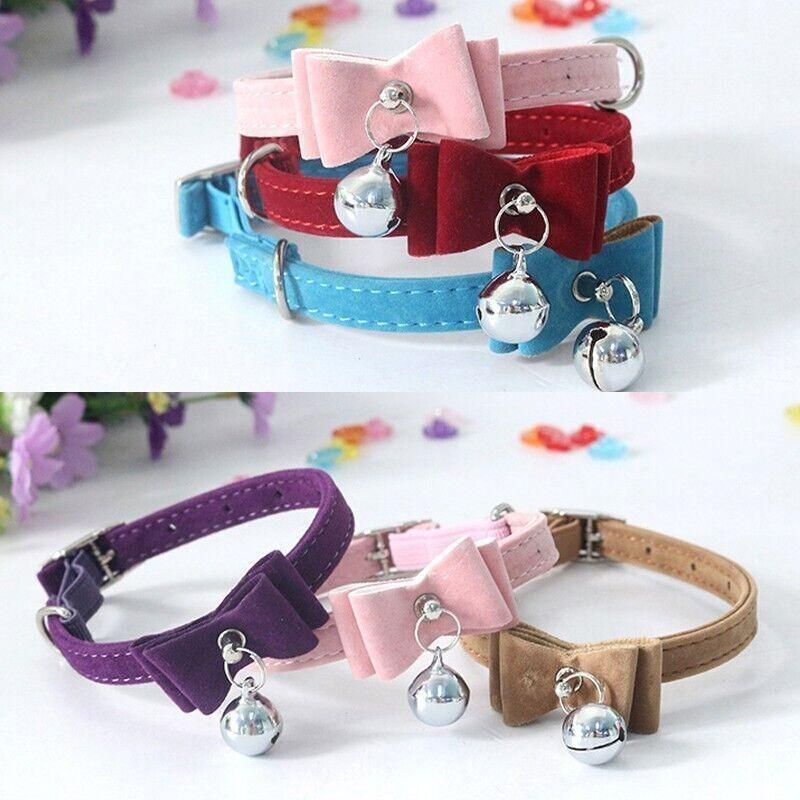 1× Adjustable Suede Cat Collar with Bow Bell Pink Blue Black Red - Purple, Adjustable