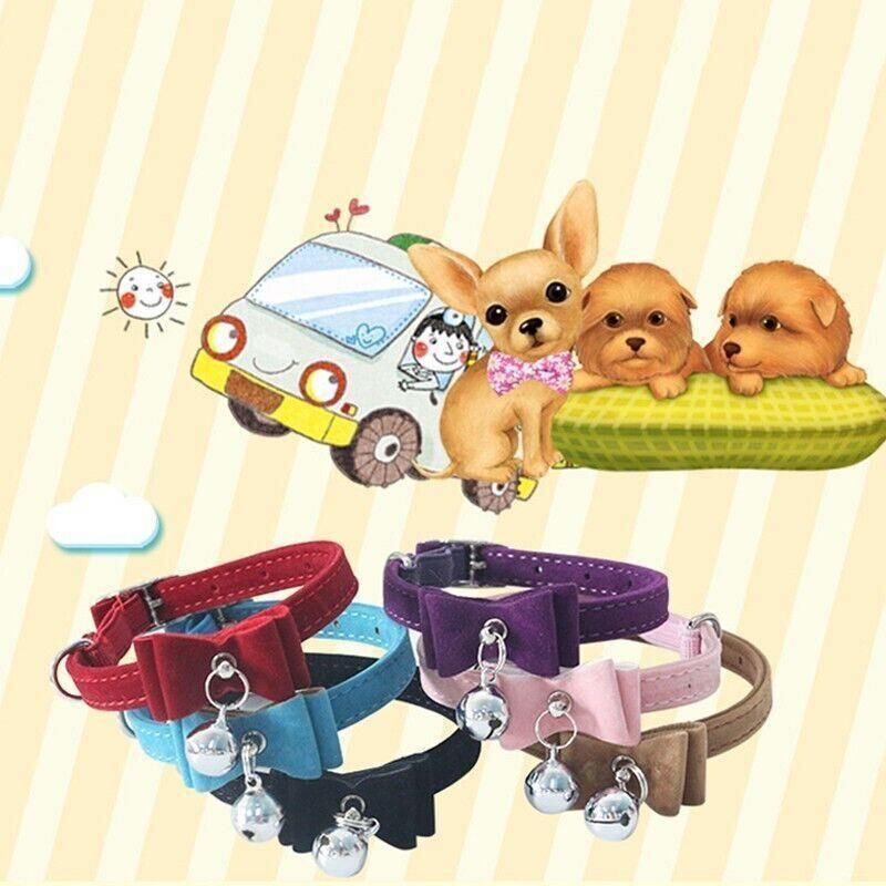 1× Adjustable Suede Cat Collar with Bow Bell Pink Blue Black Red - Red