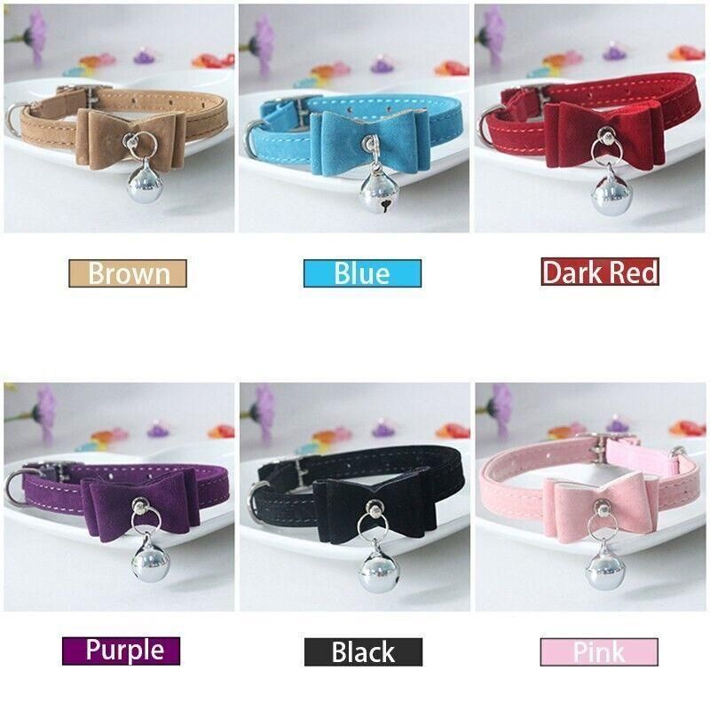 1× Adjustable Suede Cat Collar with Bow Bell Pink Blue Black Red - Red