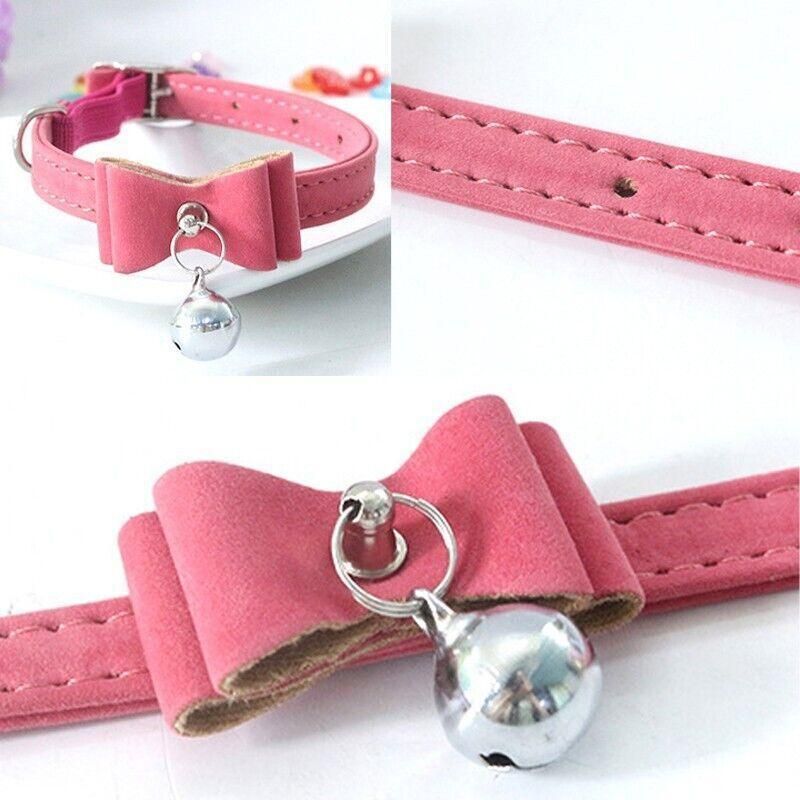 1× Adjustable Suede Cat Collar with Bow Bell Pink Blue Black Red - Red