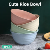 4pcs Wheat Straw Rice Bowl Round Noodle Bowl Drop Proof Kitchen Tableware Set - 45-Degree Angle