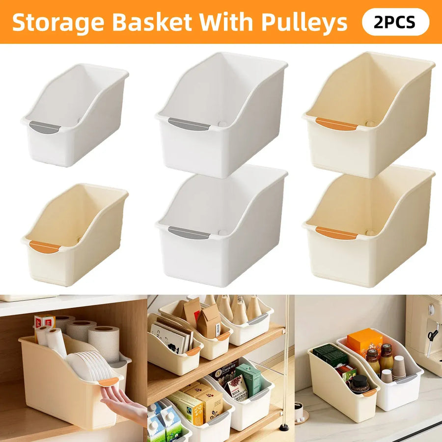 2pcs Cabinet Storage Box Miscellaneous Organizer Household Container Plastic Bin - S-White+Beige