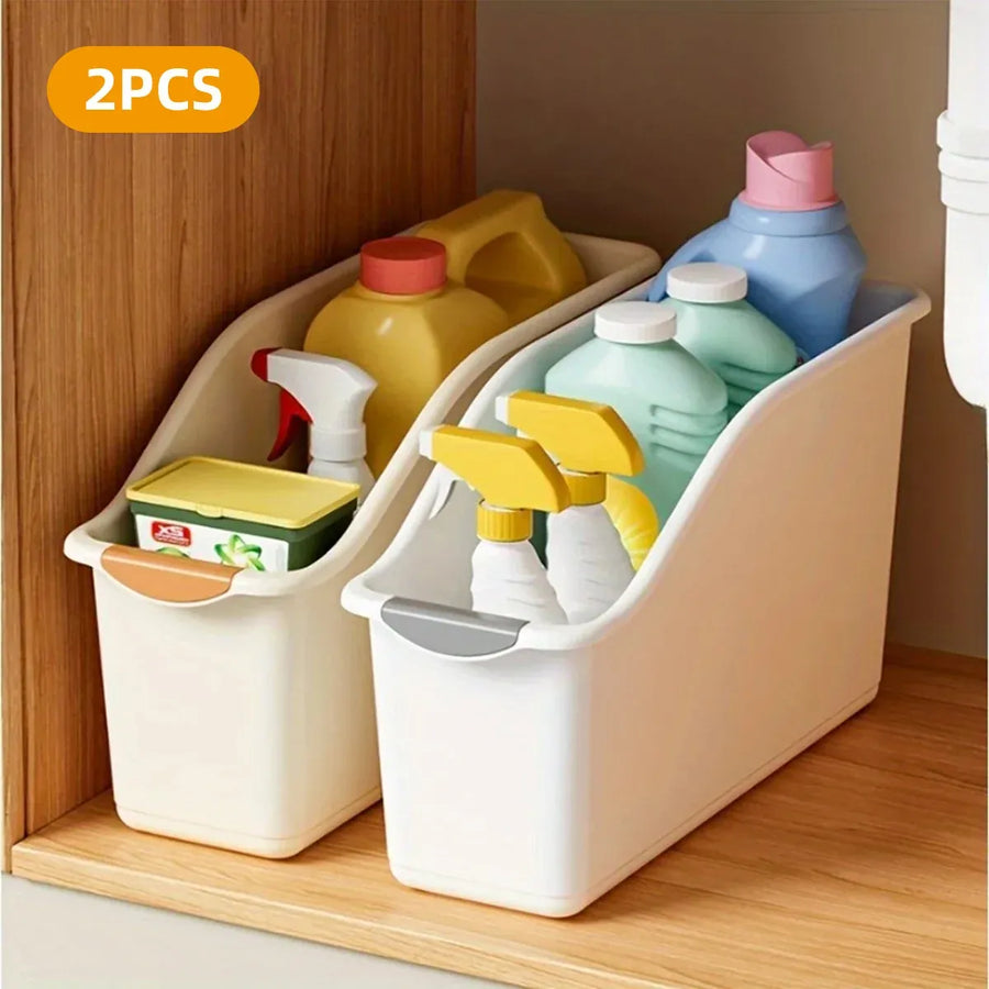 2pcs Cabinet Storage Box Miscellaneous Organizer Household Container Plastic Bin - S-White+Beige