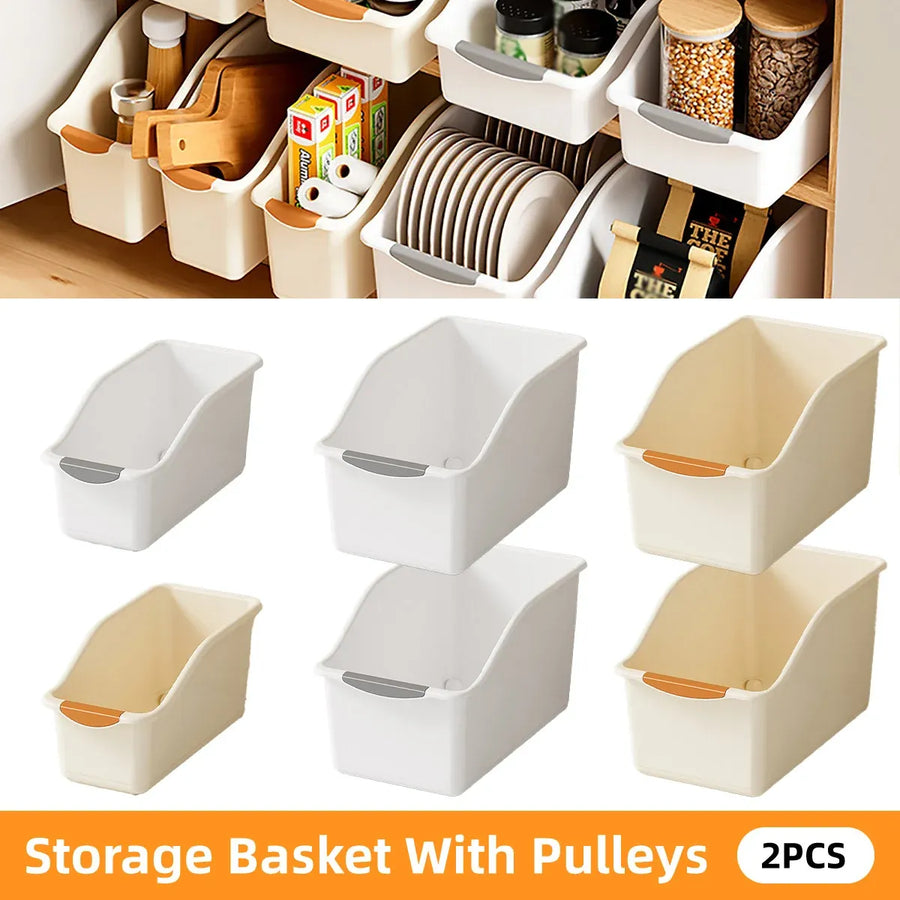 2pcs Cabinet Storage Box Miscellaneous Organizer Household Container Plastic Bin - S-White+Beige