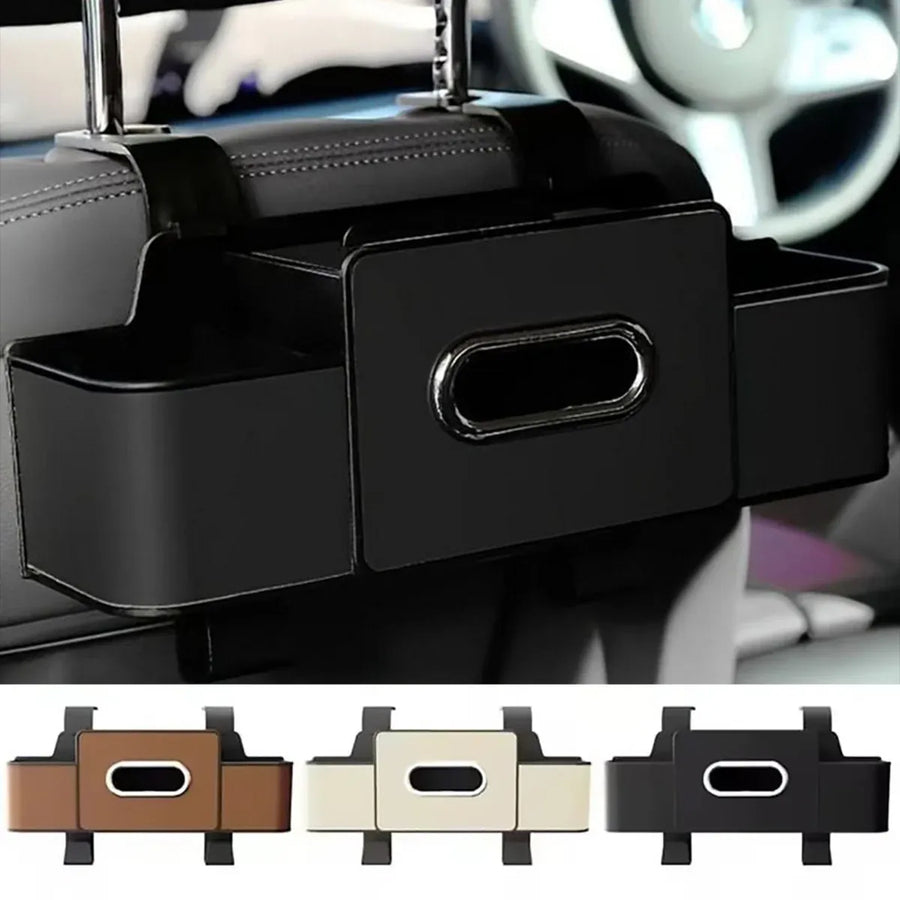 Vehicle Backrest Storage Box Multifunctional Organizer with Tissue and Cup Holders - Black