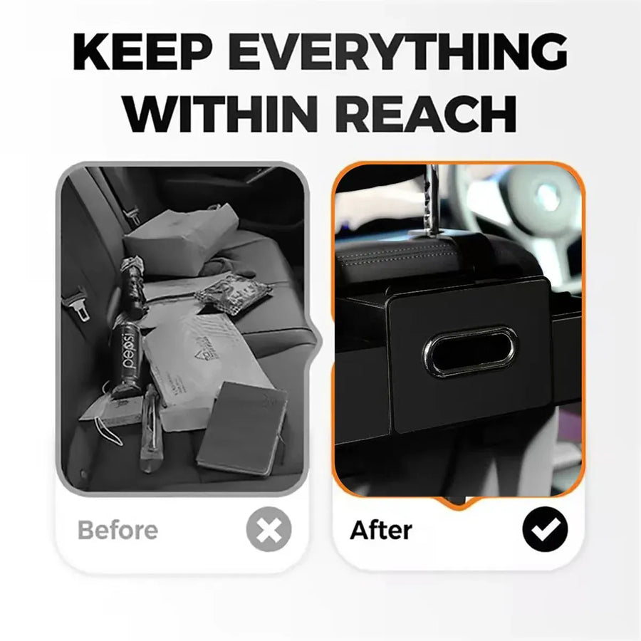 Vehicle Backrest Storage Box Multifunctional Organizer with Tissue and Cup Holders - Black
