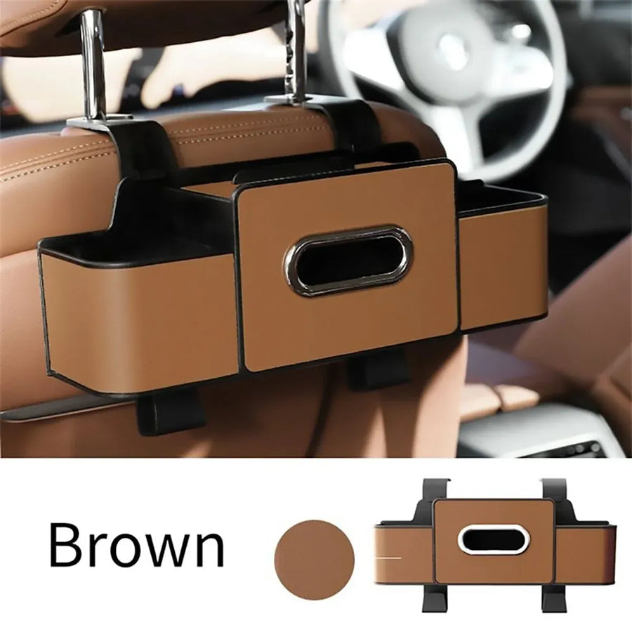 Vehicle Backrest Storage Box Multifunctional Organizer with Tissue and Cup Holders - Black