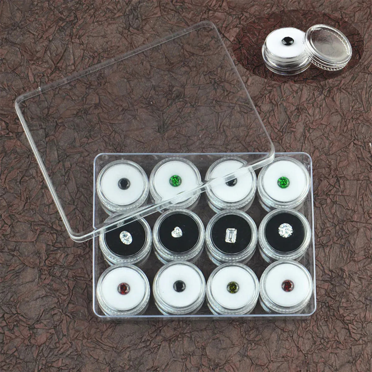 Transparent Round Gemstone Display Box Organizer Case with Lid Storage Packaging - Black
