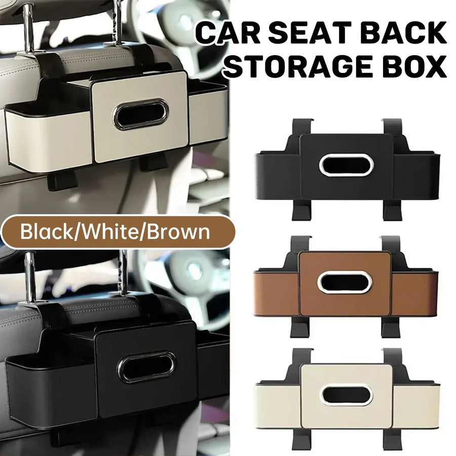 Vehicle Backrest Storage Box Multifunctional Organizer with Tissue and Cup Holders - Beige