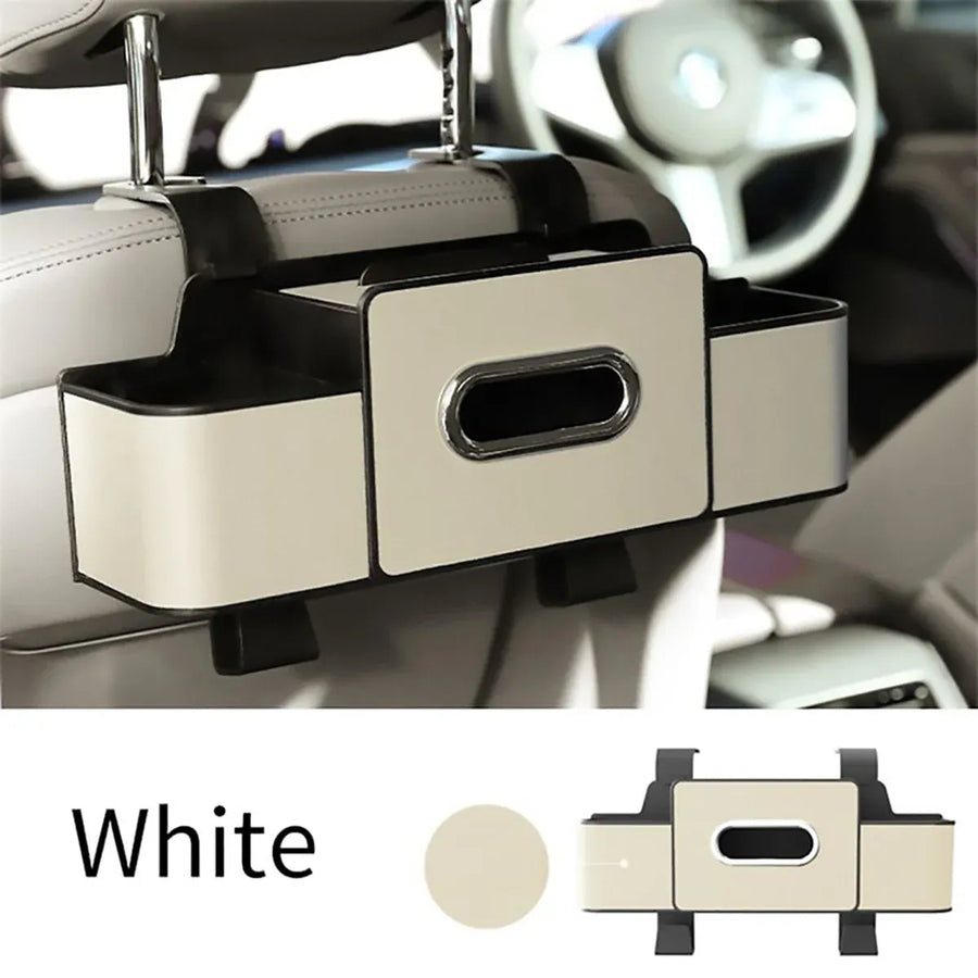 Vehicle Backrest Storage Box Multifunctional Organizer with Tissue and Cup Holders - Beige