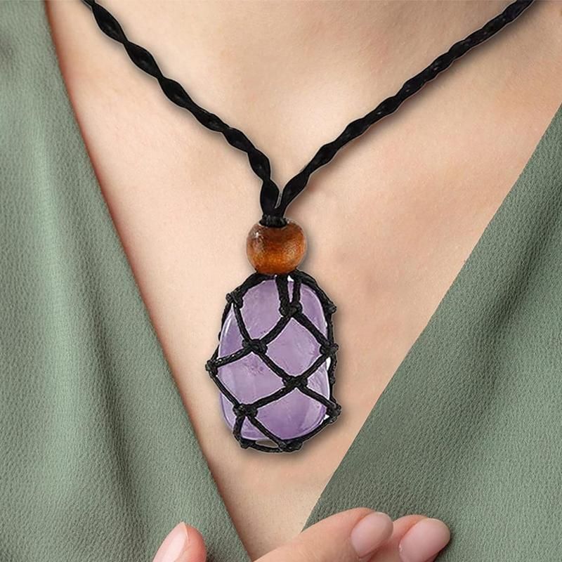 L Size Empty Stone Holder Necklace Crystal Quartz Gemstone Cage Rope Cord Pendant DIY - Brown