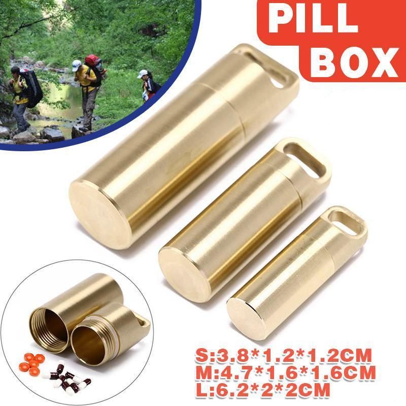 Waterproof Pill Box Case Bottle Brass Container Keyring Medicine Capsule Holder - L