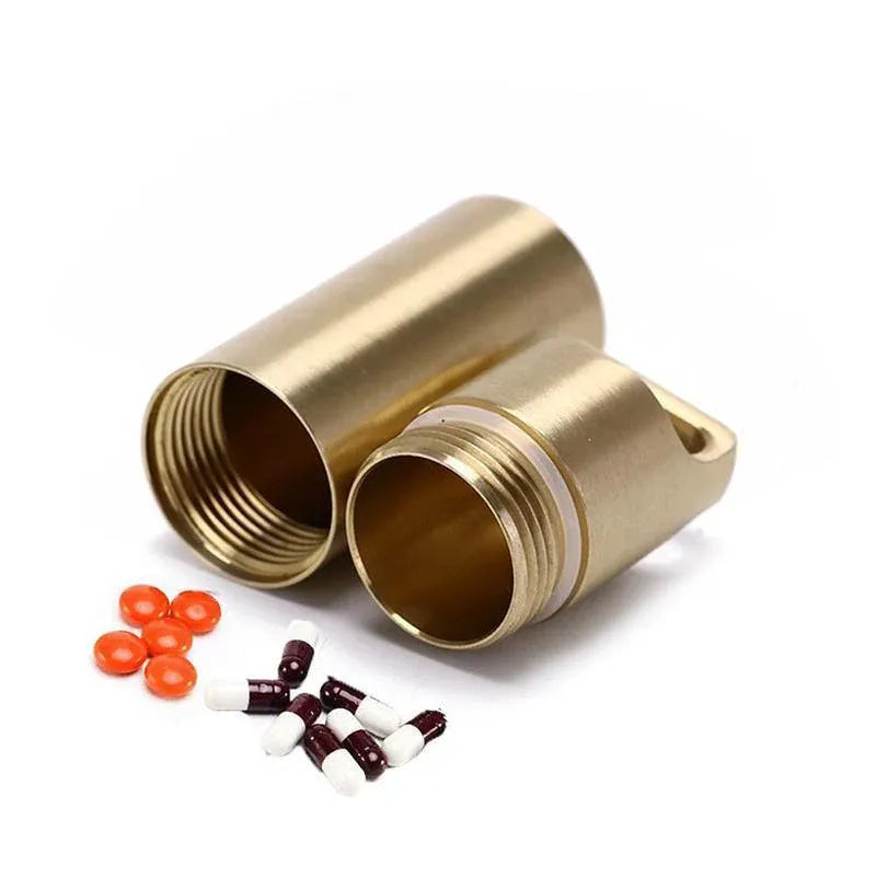 Waterproof Pill Box Case Bottle Brass Container Keyring Medicine Capsule Holder - L