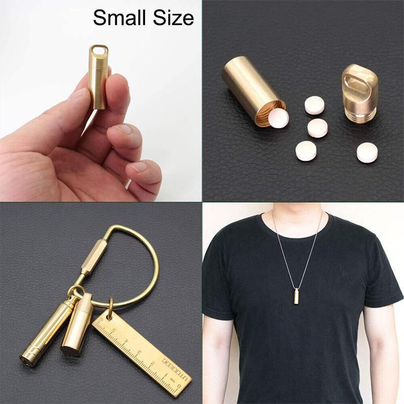 Waterproof Pill Box Case Bottle Brass Container Keyring Medicine Capsule Holder - L