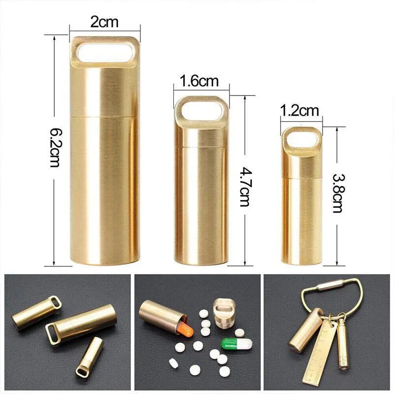 Waterproof Pill Box Case Bottle Brass Container Keyring Medicine Capsule Holder - L